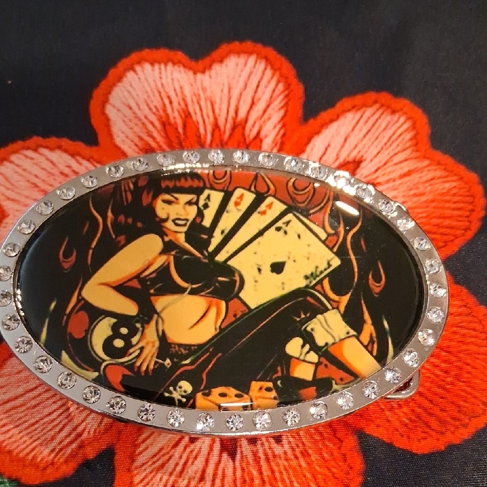 Lady Aces  Black and Orange Rhinestone Oval  Belt Buckle - Picture 2 of 6